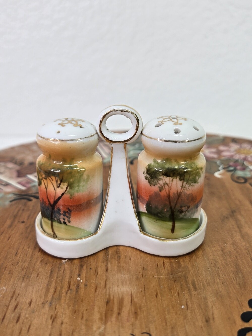 Antique Noritake Tree in Meadow Hand Painted Salt Pepper Shakers Set Caddy Japan